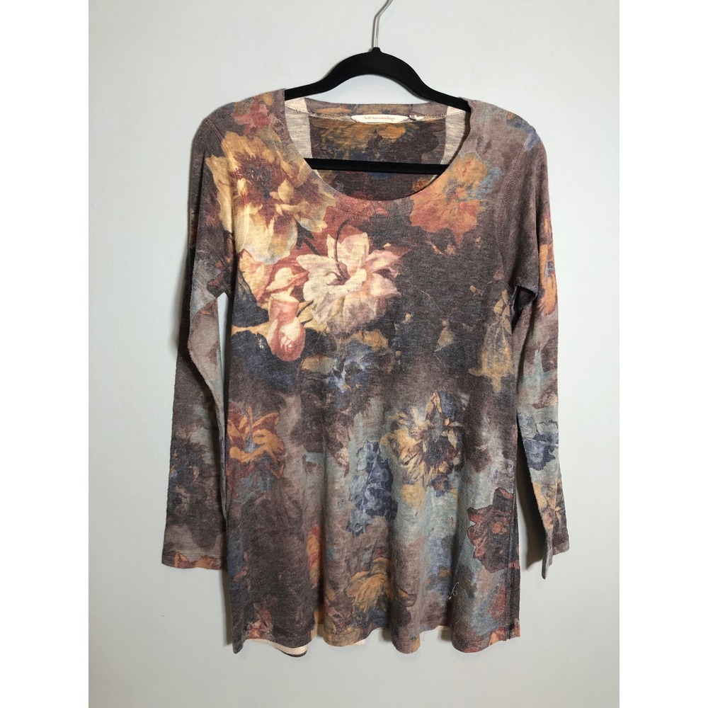 Soft Surroundings Tunic Top Womens PS Brown Floral Long Sleeve Scoop Neck 3AV32